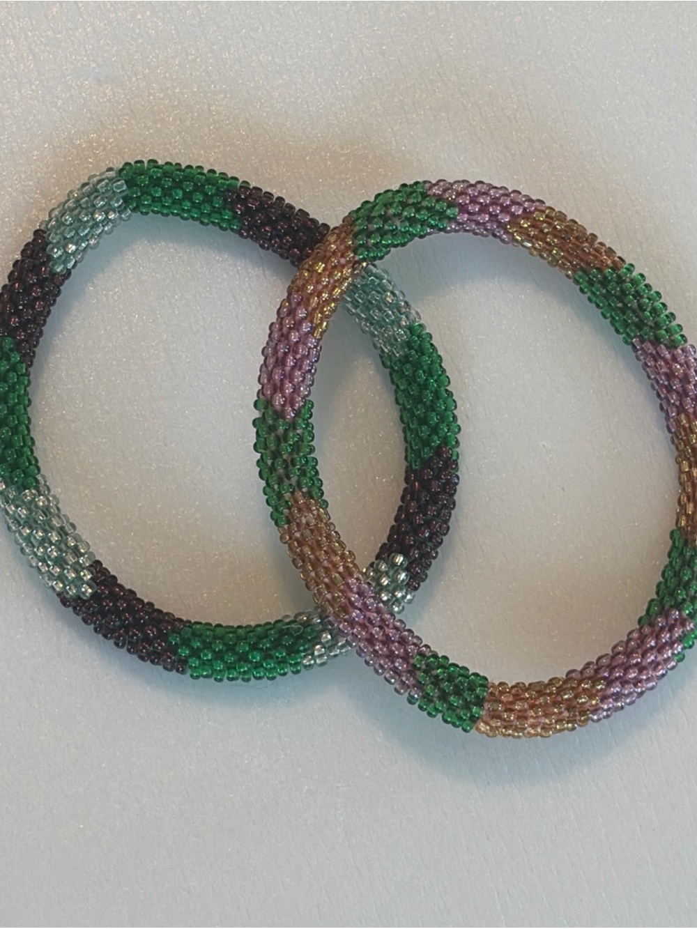 Lot 2 GLASS SEED BEAD ROLL ON BRACELET  BANGLE 8 In for small wrists green pink
